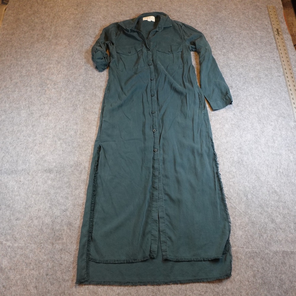 Cloth and Stone Dress Women Small Green Tencel Maxi Frayed Hem Long Sleeve Shirt